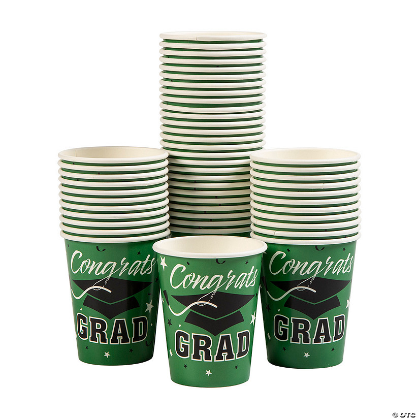 Bulk 50 Pc. Green Graduation Party Congrats Grad & Cap Paper Cups Image
