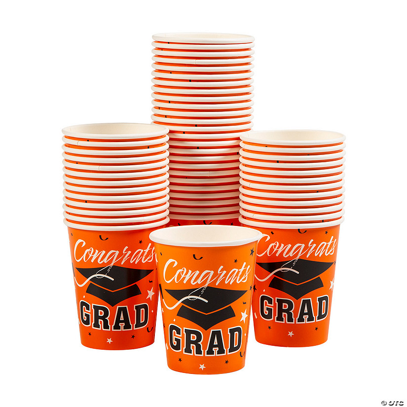 Bulk 50 Pc. Orange Graduation Party Congrats Grad & Cap Paper Cups Image