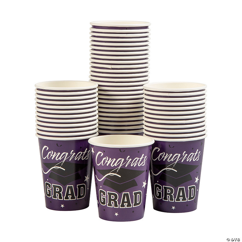 Bulk 50 Pc. Purple Graduation Party Congrats Grad & Cap Paper Cups Image