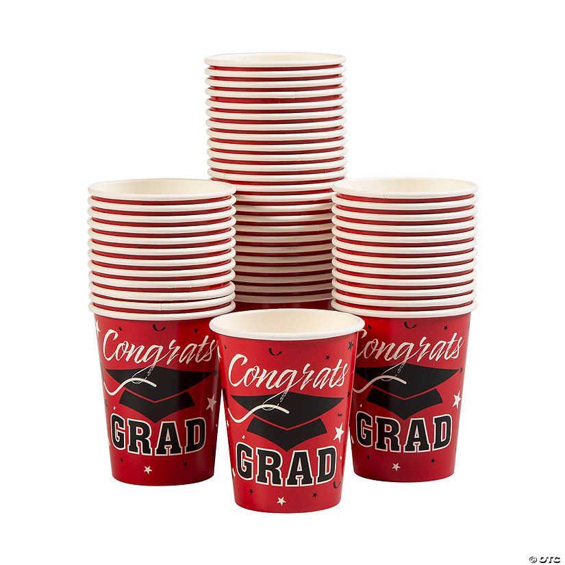 Bulk 50 Pc. Red Graduation Party Congrats Grad & Cap Paper Cups Image