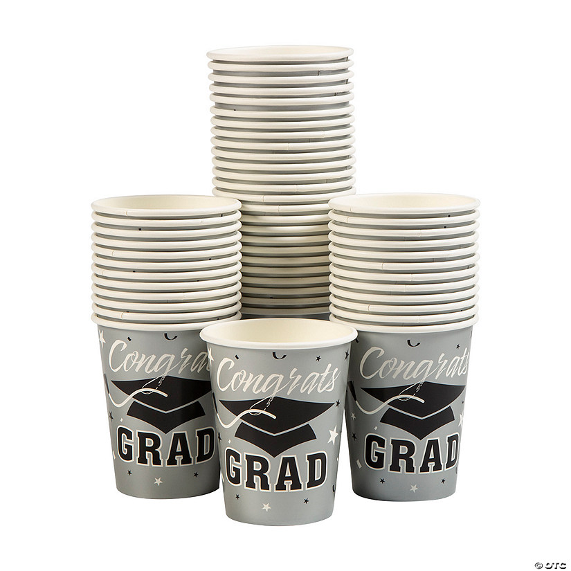 Bulk 50 Pc. Silver Graduation Party Congrats Grad & Cap Paper Cups Image