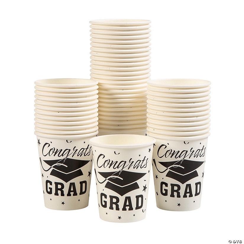 Bulk 50 Pc. White Graduation Party Congrats Grad & Cap Paper Cups Image