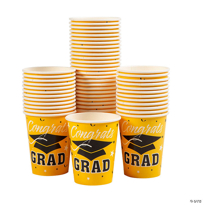 Bulk 50 Pc. Yellow Graduation Party Congrats Grad & Cap Paper Cups Image