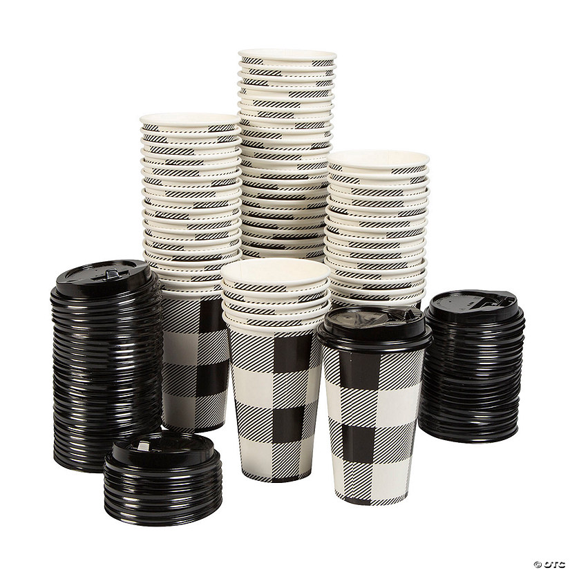 Bulk 60 Ct. Black Buffalo Plaid Disposable Paper Coffee Cups with Lids Image