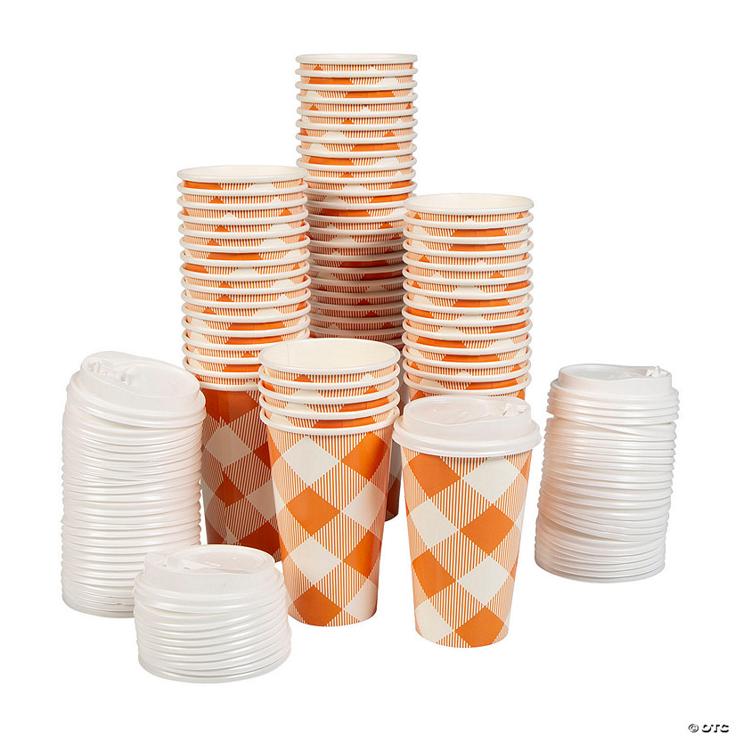 Bulk 60 Ct. Orange Buffalo Plaid Paper Coffee Cups with Lids Image