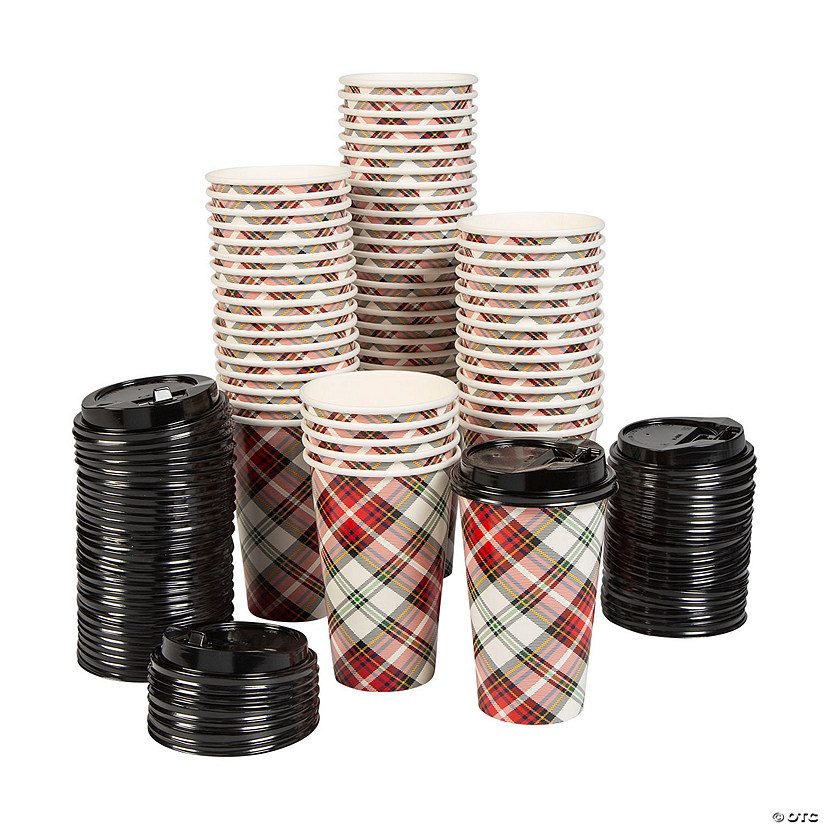 Bulk 60 Ct. Tartan Plaid Disposable Paper Coffee Cups with Lids Image