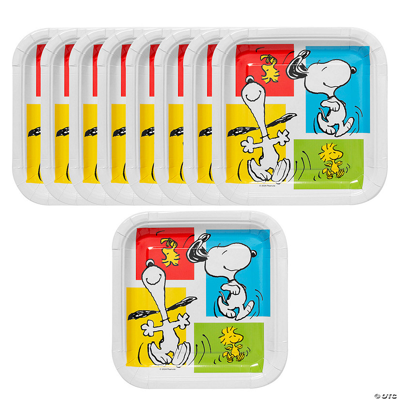 Bulk 96 Ct. Peanuts<sup>&#174;</sup> Snoopy & Woodstock Square Paper Dinner Plates Image