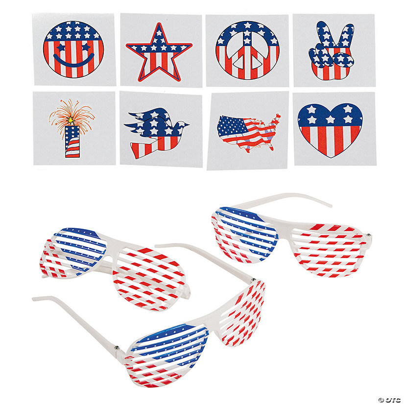 Bulk 96 Pc. Shutter Glasses & Tattoos Patriotic Party Favor Kit Image