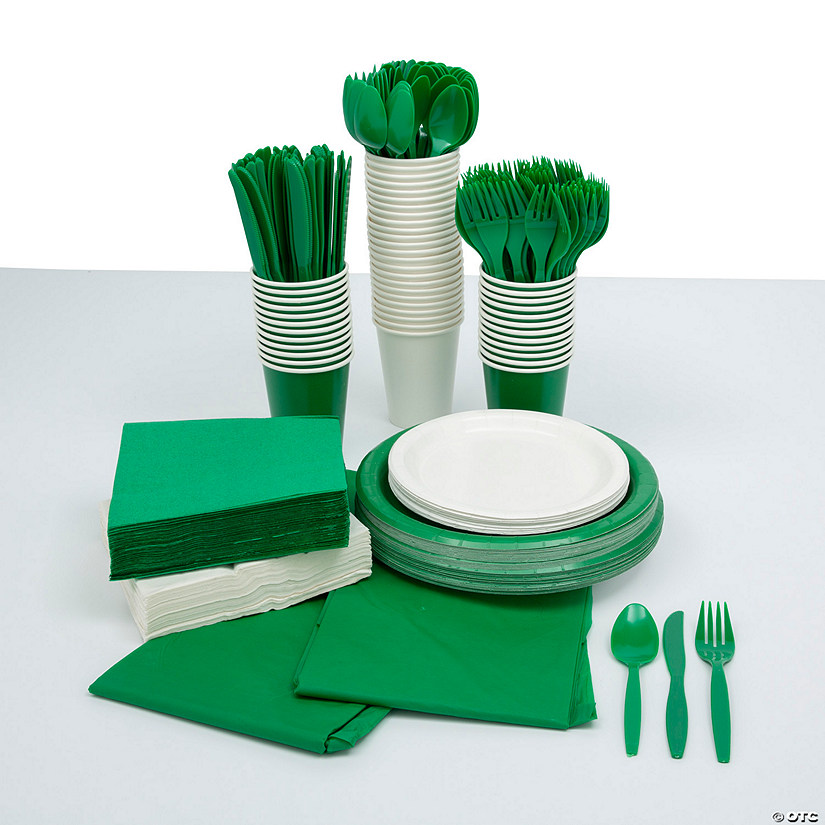 Bulk Green & White Disposable Tableware Kit for 48 Guests Image