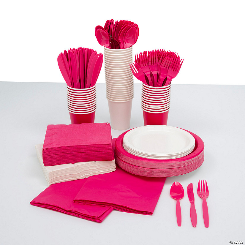 Bulk Hot Pink & White Disposable Tableware Kit for 48 Guests Image