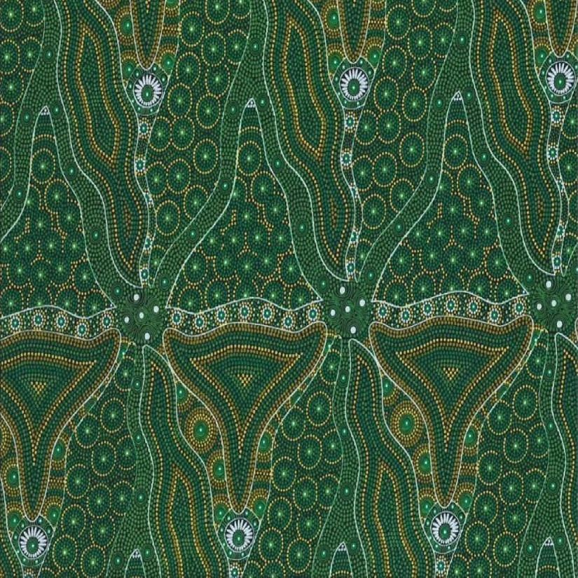 Bush Tomato and Waterhole Green Australian Aboriginal Cotton Fabric MS Textiles Image