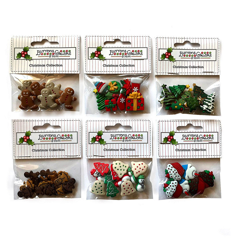 Buttons Galore 60+ Assorted Christmas Buttons for Sewing & Crafts - Set of 6 Button Packs - Gingerbread, Presents, Chirstmas Trees & More Image
