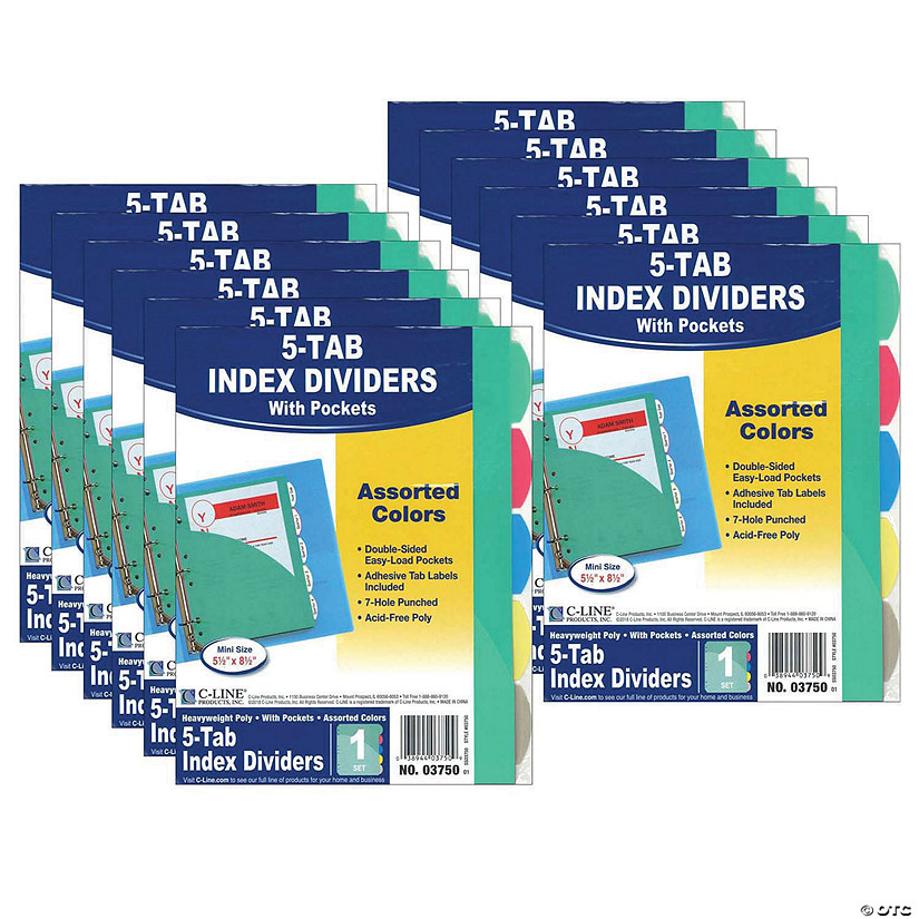 C-Line Mini Size 5-Tab Poly Index Dividers, Assorted Colors with Slant Pockets, 12 Sets Image