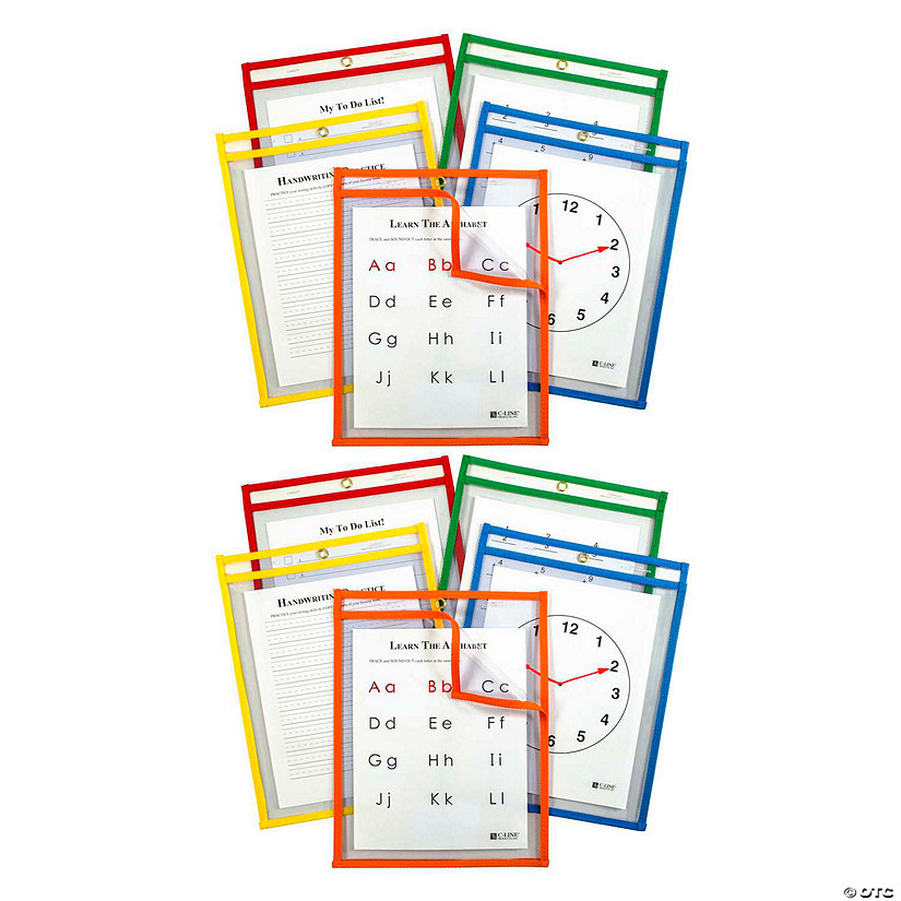 C-Line Super Heavyweight Plus Reusable Dry Erase Pockets - Study Aid, Assorted Primary Colors, 9 x 12, 5 Per Pack, 2 Packs Image