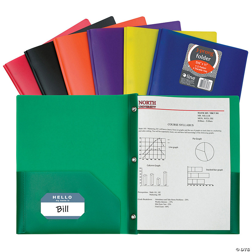 C-Line Two-Pocket Heavyweight Poly Portfolio Folder with Prongs, Assorted Primary Colors, Pack of 36 Image