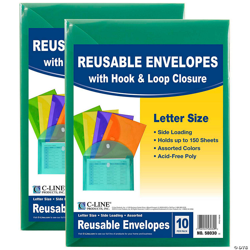 C-Line XL Reusable Envelopes, Hook and Loop Closure, 8 1/2 x 11, Assorted Colors, 10 Per Pack, 2 Packs Image