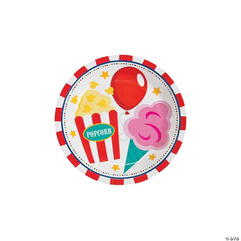 Carnival Party Popcorn, Balloon, Cotton Candy Paper Dessert Plates - 8 Ct. Image