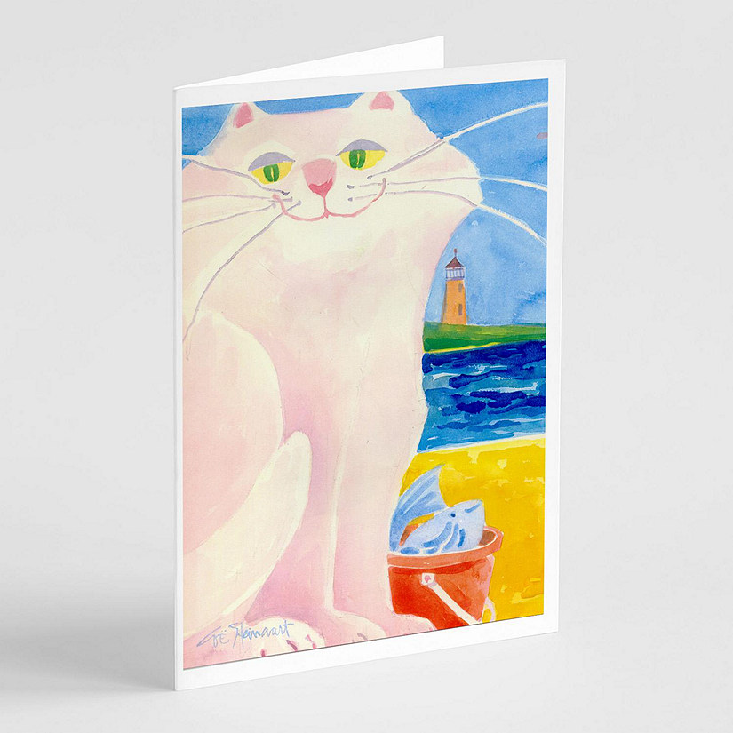 Caroline's Treasures Big white Cat at the beach Greeting Cards and Envelopes Pack of 8, 7 x 5, Nautical Image