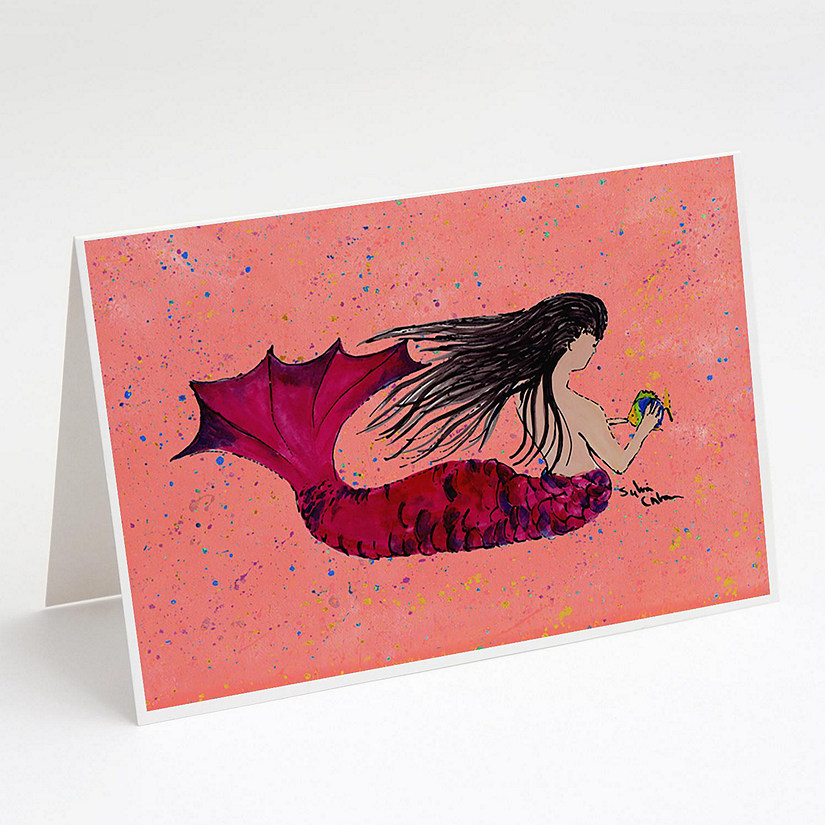 Caroline's Treasures Black haired Mermaid on Red Greeting Cards and Envelopes Pack of 8, 7 x 5, Fantasy Image