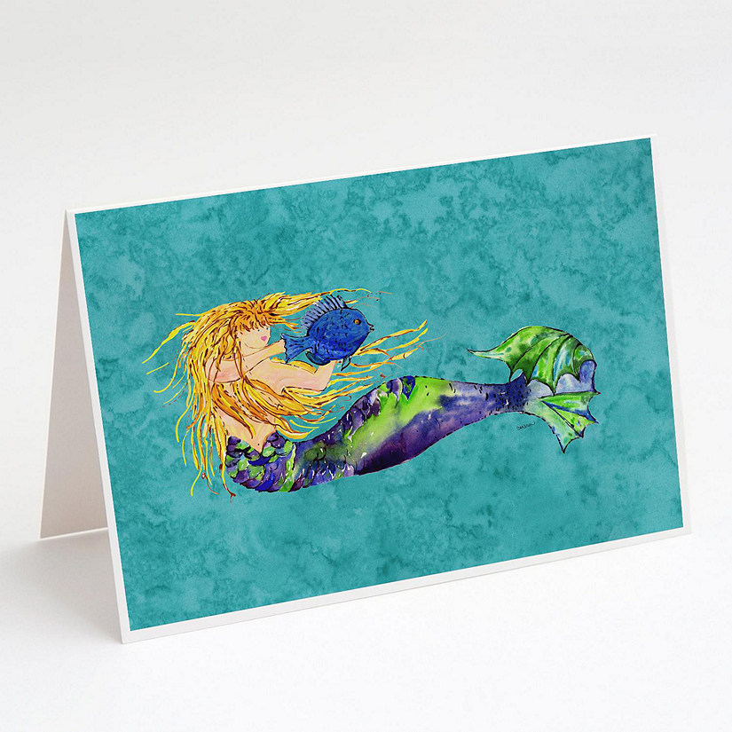 Caroline's Treasures Blonde Mermaid on Teal Greeting Cards and Envelopes Pack of 8, 7 x 5, Fantasy Image