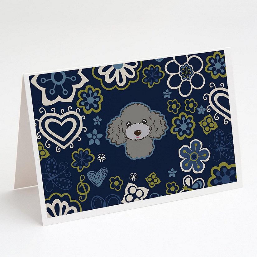 Caroline's Treasures Blue Flowers Silver Gray Poodle Greeting Cards and Envelopes Pack of 8, 7 x 5, Dogs Image