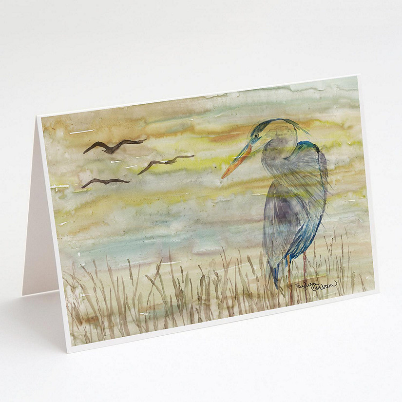Caroline's Treasures Blue Heron Yellow Sky Greeting Cards and Envelopes Pack of 8, 7 x 5, Birds Image