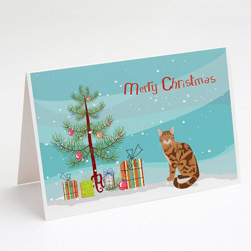 Caroline's Treasures Christmas, Bengal Cat Merry Christmas Greeting Cards and Envelopes Pack of 8, 7 x 5, Cats Image
