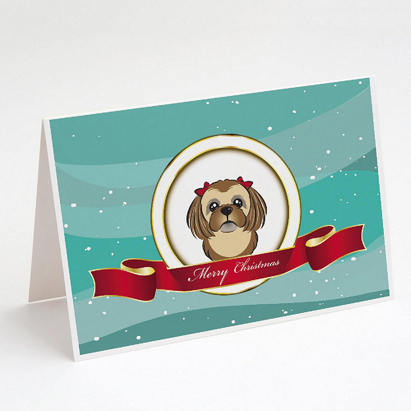 Caroline's Treasures Christmas, Chocolate Brown Shih Tzu Merry Christmas Greeting Cards and Envelopes Pack of 8, 7 x 5, Dogs Image