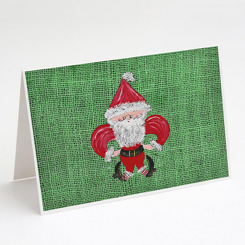 Caroline's Treasures Christmas, Christmas Santa Fleur de lis on Faux Burlap Greeting Cards and Envelopes Pack of 8, 7 x 5, New Orleans Image