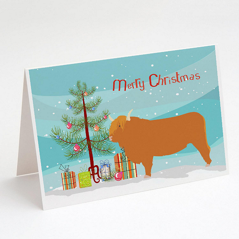 Caroline's Treasures Christmas, Highland Cow Christmas Greeting Cards and Envelopes Pack of 8, 7 x 5, Farm Animals Image