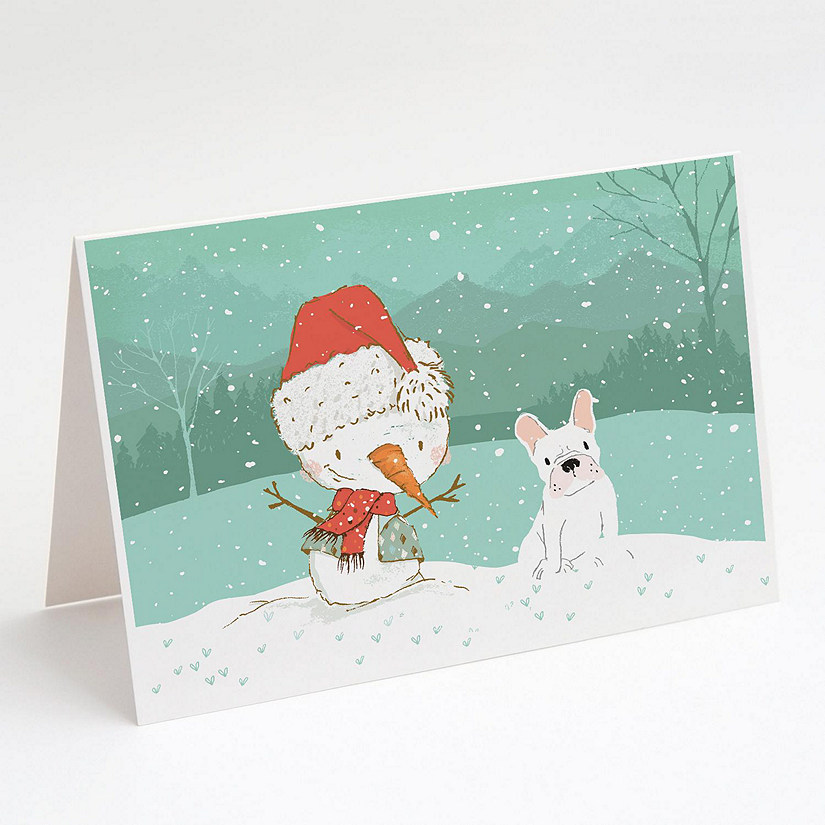 Caroline's Treasures Christmas, White French Bulldog Snowman Christmas Greeting Cards and Envelopes Pack of 8, 7 x 5, Dogs Image