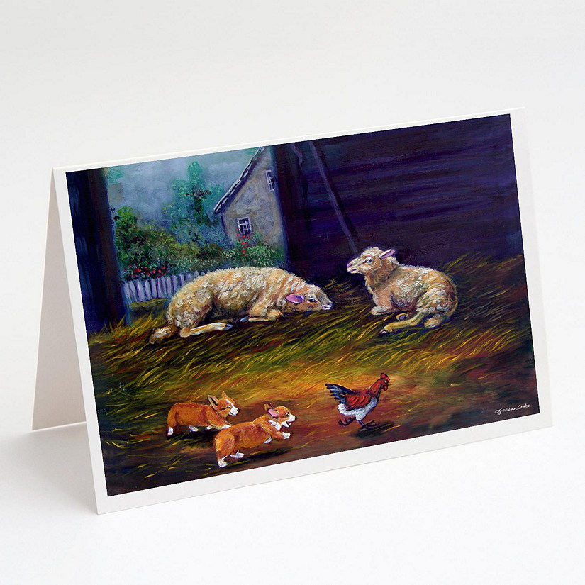 Caroline's Treasures Corgi Chaos in the barn with sheep Greeting Cards and Envelopes Pack of 8, 7 x 5, Dogs Image
