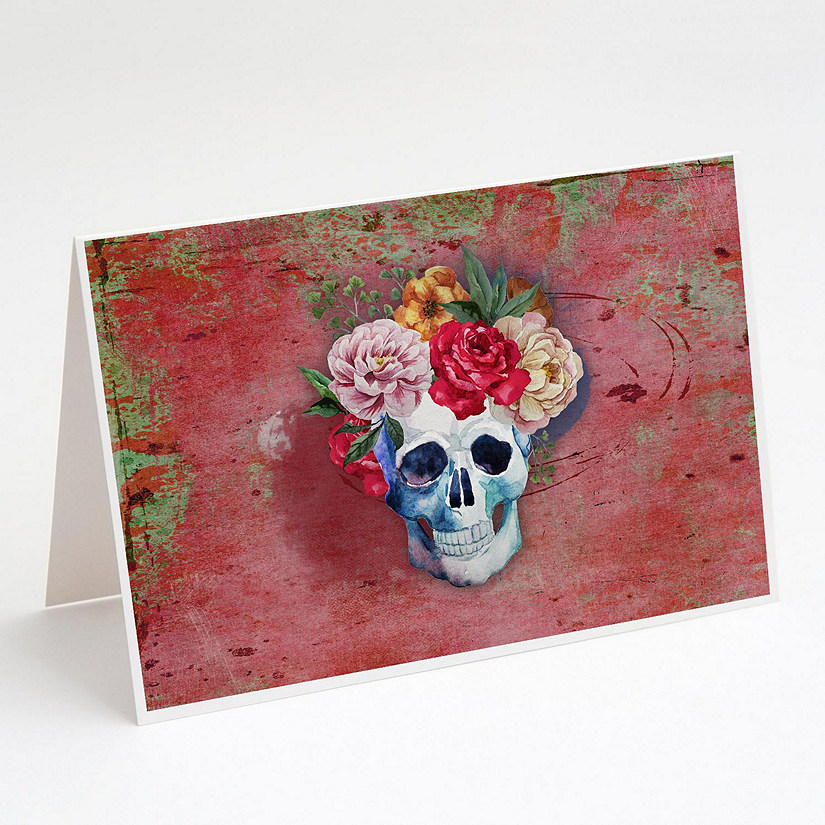 Caroline's Treasures Day of the Dead Red Flowers Skull  Greeting Cards and Envelopes Pack of 8, 7 x 5, Flowers Image