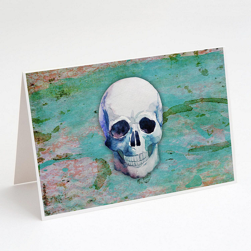 Caroline's Treasures Day of the Dead Teal Skull Greeting Cards and Envelopes Pack of 8, 7 x 5, Seasonal Image