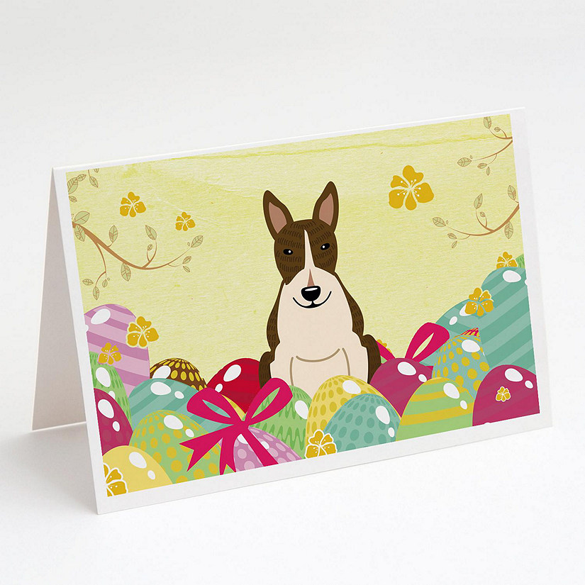 Caroline's Treasures Easter, Easter Eggs Bull Terrier Dark Brindle Greeting Cards and Envelopes Pack of 8, 7 x 5, Dogs Image