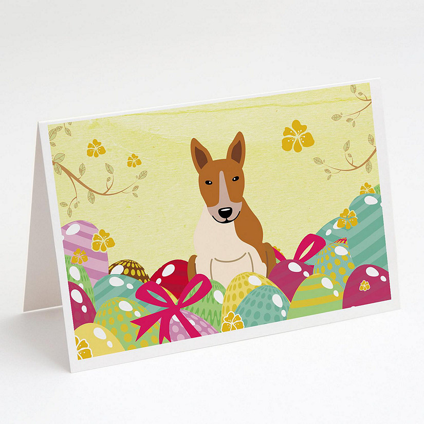 Caroline's Treasures Easter, Easter Eggs Bull Terrier Red White Greeting Cards and Envelopes Pack of 8, 7 x 5, Dogs Image