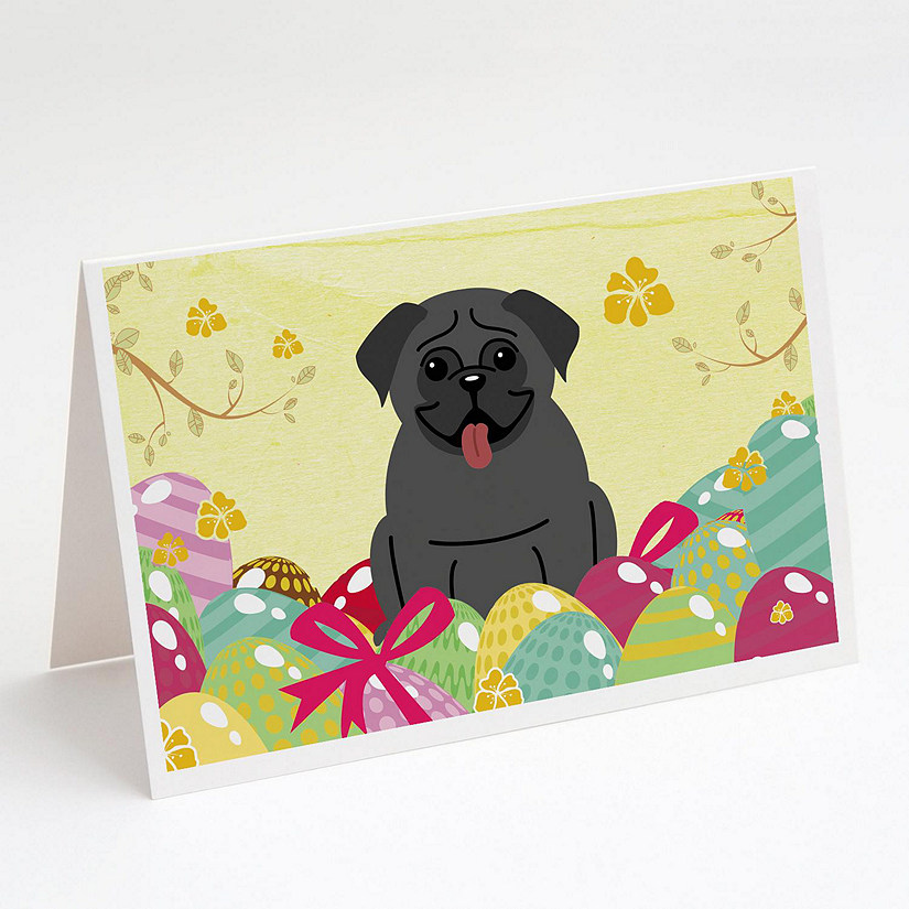 Caroline's Treasures Easter, Easter Eggs Pug Black Greeting Cards and Envelopes Pack of 8, 7 x 5, Dogs Image