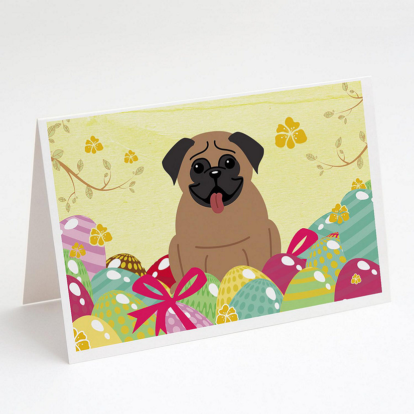 Caroline's Treasures Easter, Easter Eggs Pug Brown Greeting Cards and Envelopes Pack of 8, 7 x 5, Dogs Image