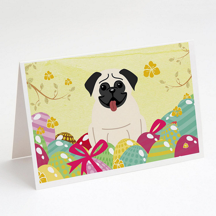 Caroline's Treasures Easter, Easter Eggs Pug Cream Greeting Cards and Envelopes Pack of 8, 7 x 5, Dogs Image