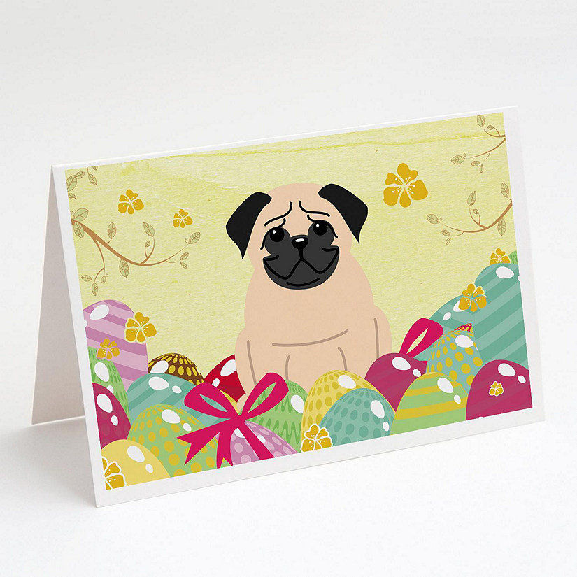 Caroline's Treasures Easter, Easter Eggs Pug Fawn Greeting Cards and Envelopes Pack of 8, 7 x 5, Dogs Image