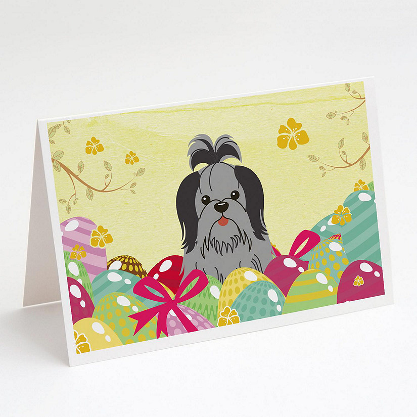 Caroline's Treasures Easter, Easter Eggs Shih Tzu Black Silver Greeting Cards and Envelopes Pack of 8, 7 x 5, Dogs Image