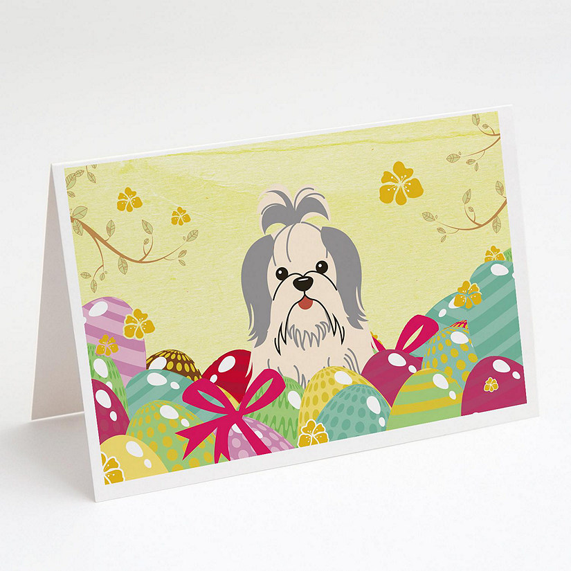 Caroline's Treasures Easter, Easter Eggs Shih Tzu Silver White Greeting Cards and Envelopes Pack of 8, 7 x 5, Dogs Image