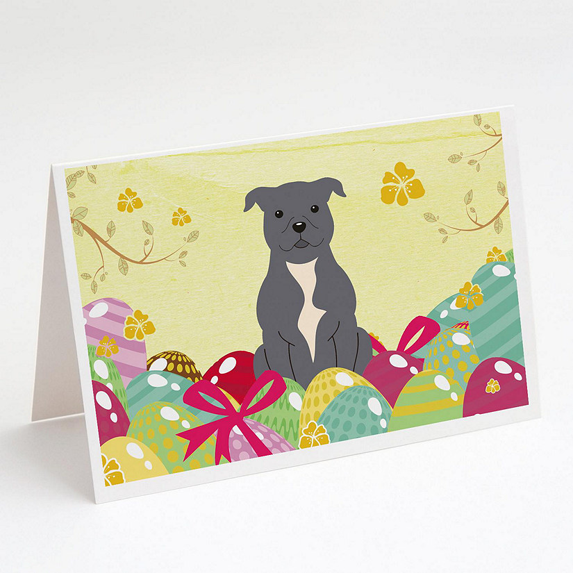 Caroline's Treasures Easter, Easter Eggs Staffordshire Bull Terrier Blue Greeting Cards and Envelopes Pack of 8, 7 x 5, Dogs Image