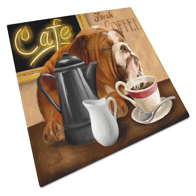 Caroline's Treasures English Bulldog Morning Coffee Glass Cutting Board Large, 12 x 15, Dogs Image