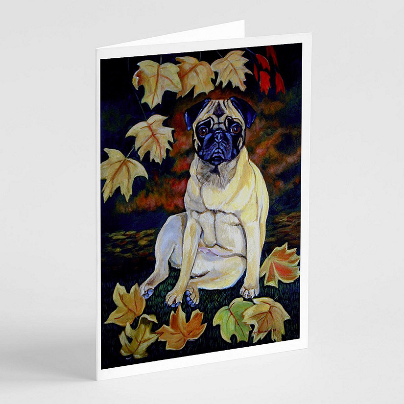 Caroline's Treasures Fawn Pug in Fall Leaves  Greeting Cards and Envelopes Pack of 8, 7 x 5, Dogs Image