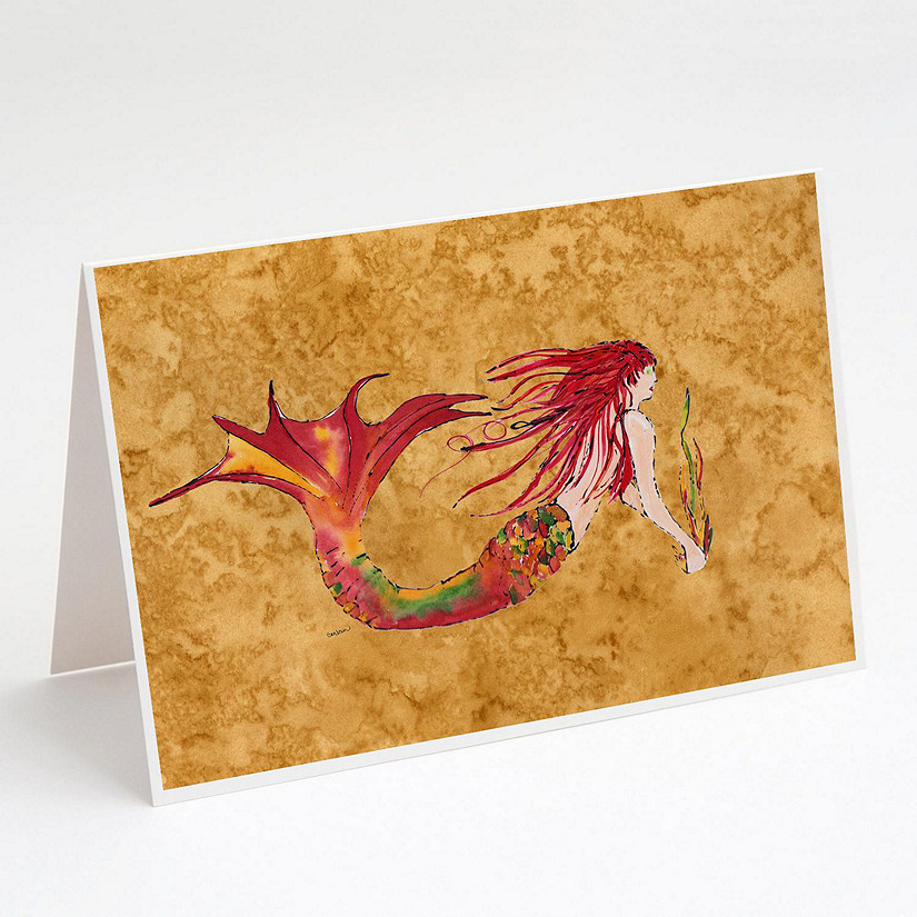 Caroline's Treasures Ginger Red Headed Mermaid on Gold Greeting Cards and Envelopes Pack of 8, 7 x 5, Fantasy Image