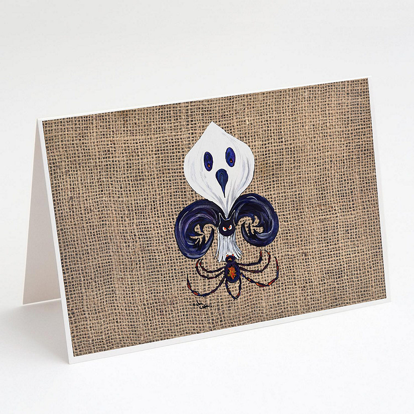 Caroline's Treasures Halloween, Halloween Ghost Bat and Spider Fleur de lis on Faux Burlap Greeting Cards and Envelopes Pack of 8, 7 x 5, New Orleans Image