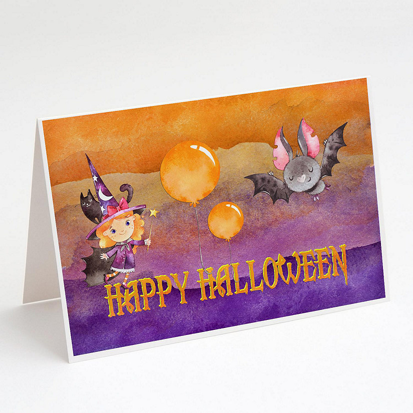 Caroline's Treasures Halloween, Halloween Little Witch and Bat Greeting Cards and Envelopes Pack of 8, 7 x 5, Seasonal Image