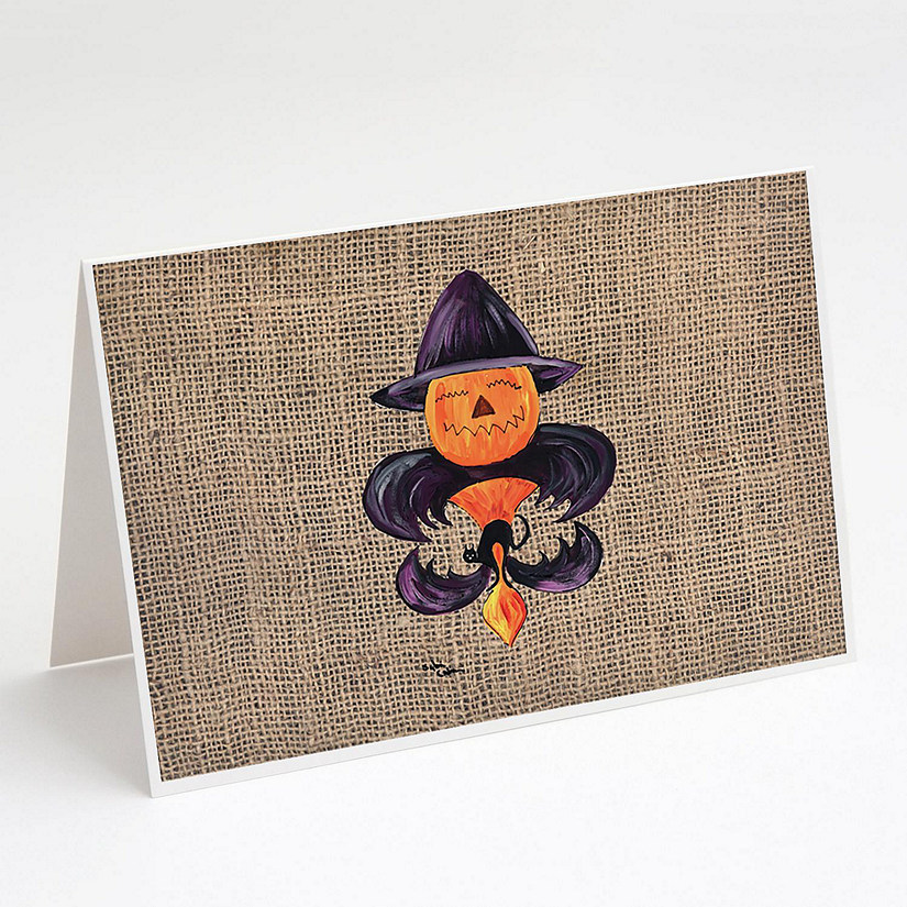 Caroline's Treasures Halloween, Halloween Pumpkin and Bat Fleur de lis on Faux Burlap Greeting Cards and Envelopes Pack of 8, 7 x 5, New Orleans Image