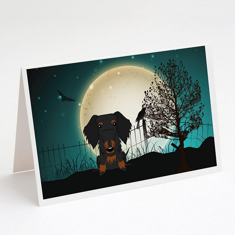 Caroline's Treasures Halloween, Halloween Scary Wire Haired Dachshund Black Tan Greeting Cards and Envelopes Pack of 8, 7 x 5, Dogs Image
